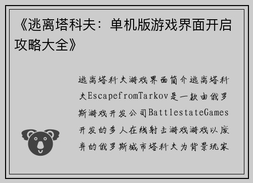 《逃离塔科夫：单机版游戏界面开启攻略大全》